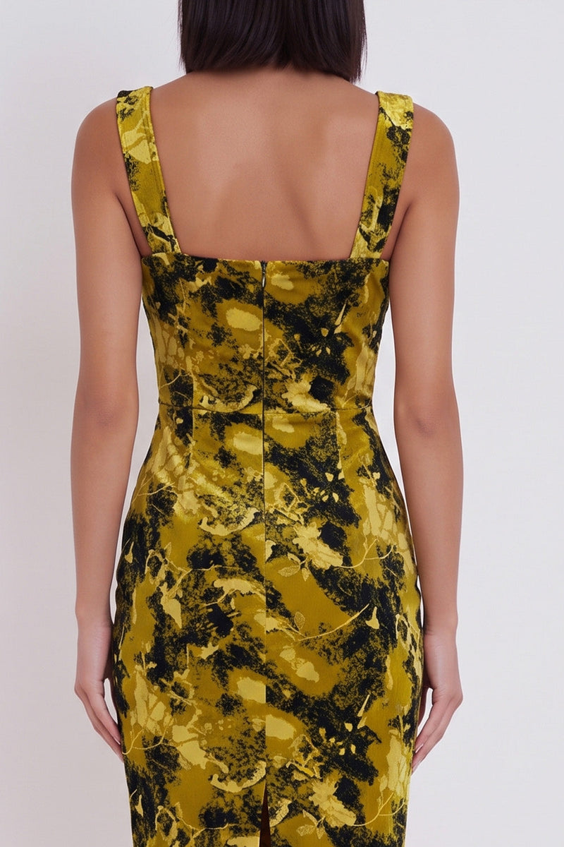 Load image into Gallery viewer, Yellow Green Floral Bodycon Square Neck Midi Wedding Guest Dress with Slit