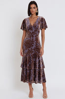 Load image into Gallery viewer, Plum Floral V-Neck Ruffled Flutter Sleeves Long Wedding Guest Dress
