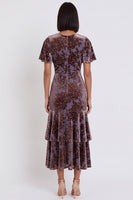 Load image into Gallery viewer, Plum Floral V-Neck Ruffled Flutter Sleeves Long Wedding Guest Dress