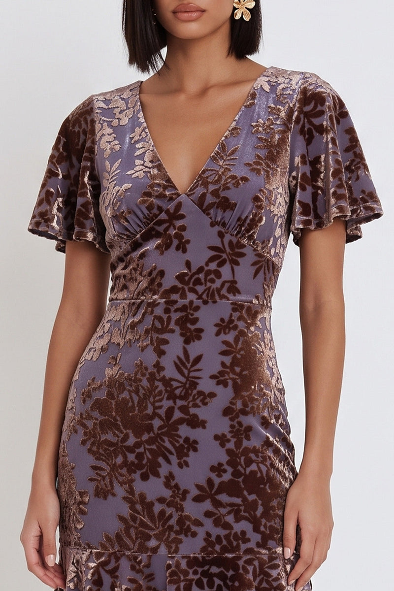 Load image into Gallery viewer, Plum Floral V-Neck Ruffled Flutter Sleeves Long Wedding Guest Dress