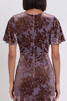 Load image into Gallery viewer, Plum Floral V-Neck Ruffled Flutter Sleeves Long Wedding Guest Dress