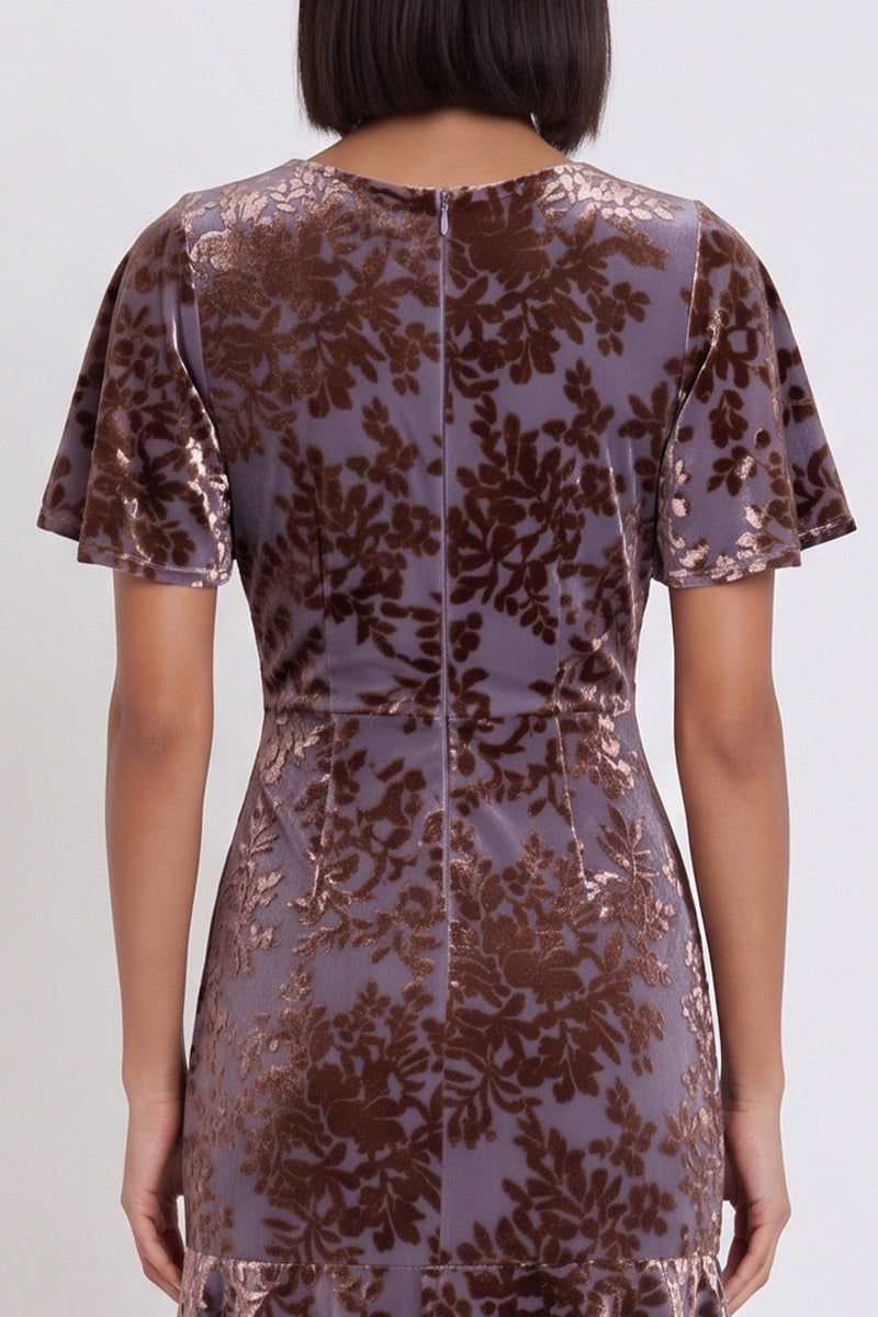 Load image into Gallery viewer, Plum Floral V-Neck Ruffled Flutter Sleeves Long Wedding Guest Dress