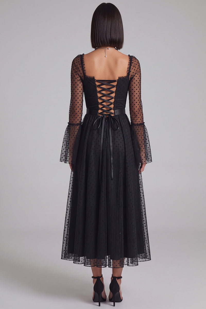 Load image into Gallery viewer, Black Polka Dots A-Line Tulle Flare Sleeves Midi Wedding Guest Dress
