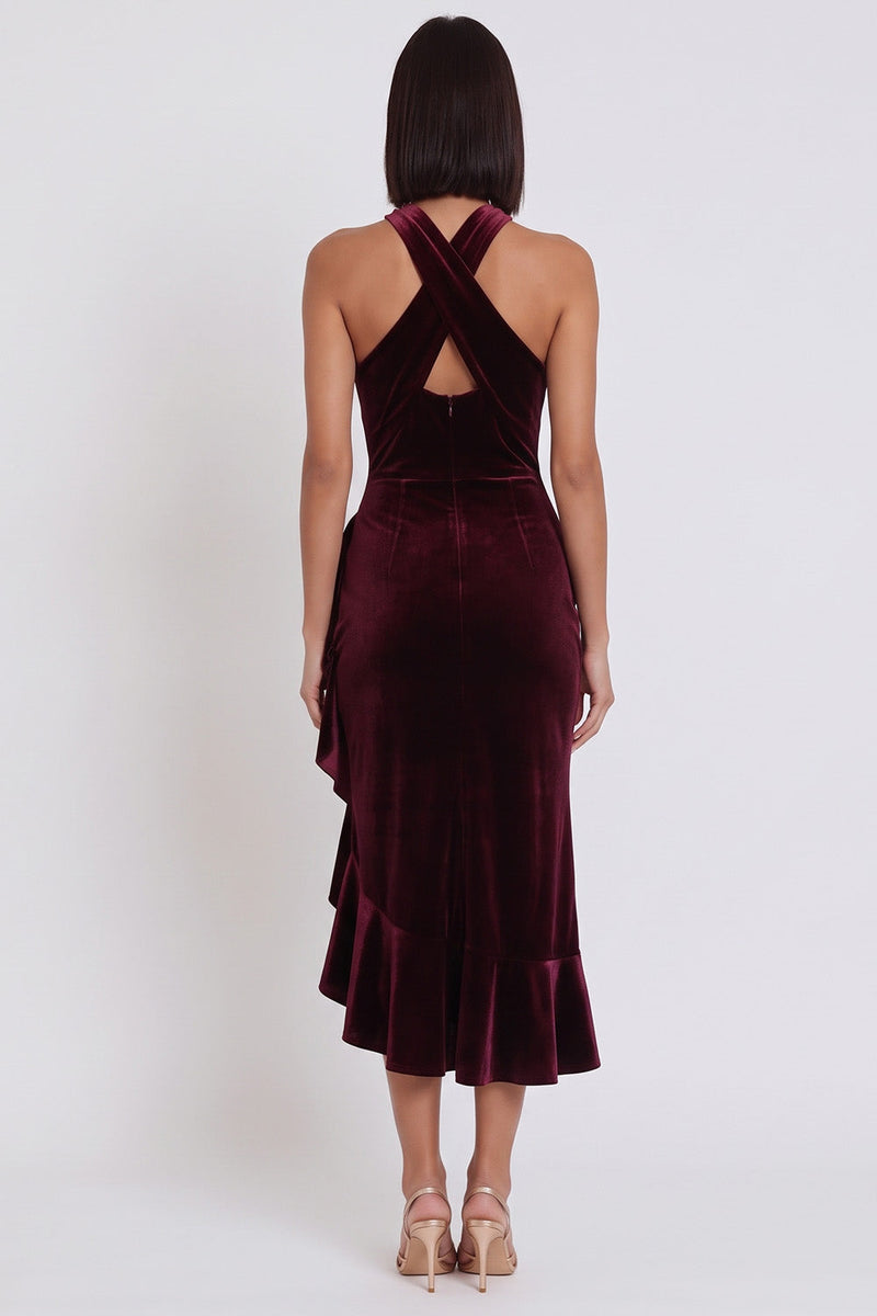 Load image into Gallery viewer, Burgundy Velvet Halter Ruffled Midi Wedding Guest Dress with Slit