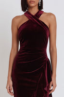 Load image into Gallery viewer, Burgundy Velvet Halter Ruffled Midi Wedding Guest Dress with Slit