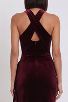Load image into Gallery viewer, Burgundy Velvet Halter Ruffled Midi Wedding Guest Dress with Slit