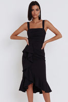 Load image into Gallery viewer, Black Bodycon Square Neck Ruched Midi Wedding Guest Dress with Ruffles