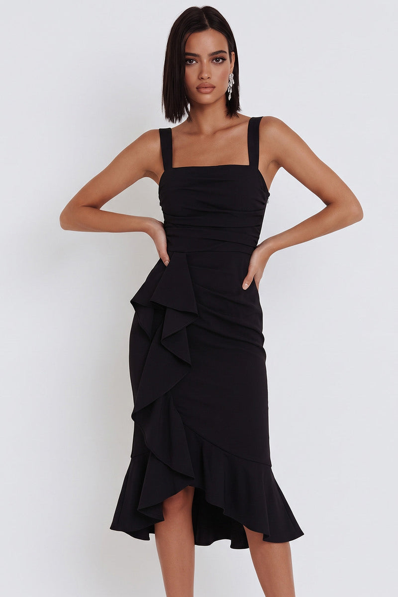 Load image into Gallery viewer, Black Bodycon Square Neck Ruched Midi Wedding Guest Dress with Ruffles