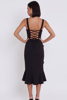 Black Bodycon Square Neck Ruched Midi Wedding Guest Dress with Ruffles