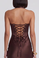 Load image into Gallery viewer, Dark Brown Corset Satin Halter Bodycon Midi Wedding Guest Dress