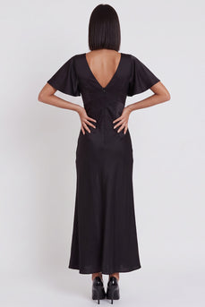 Simple Black Satin V-Neck Flutter Sleeves Long Wedding Guest Dress