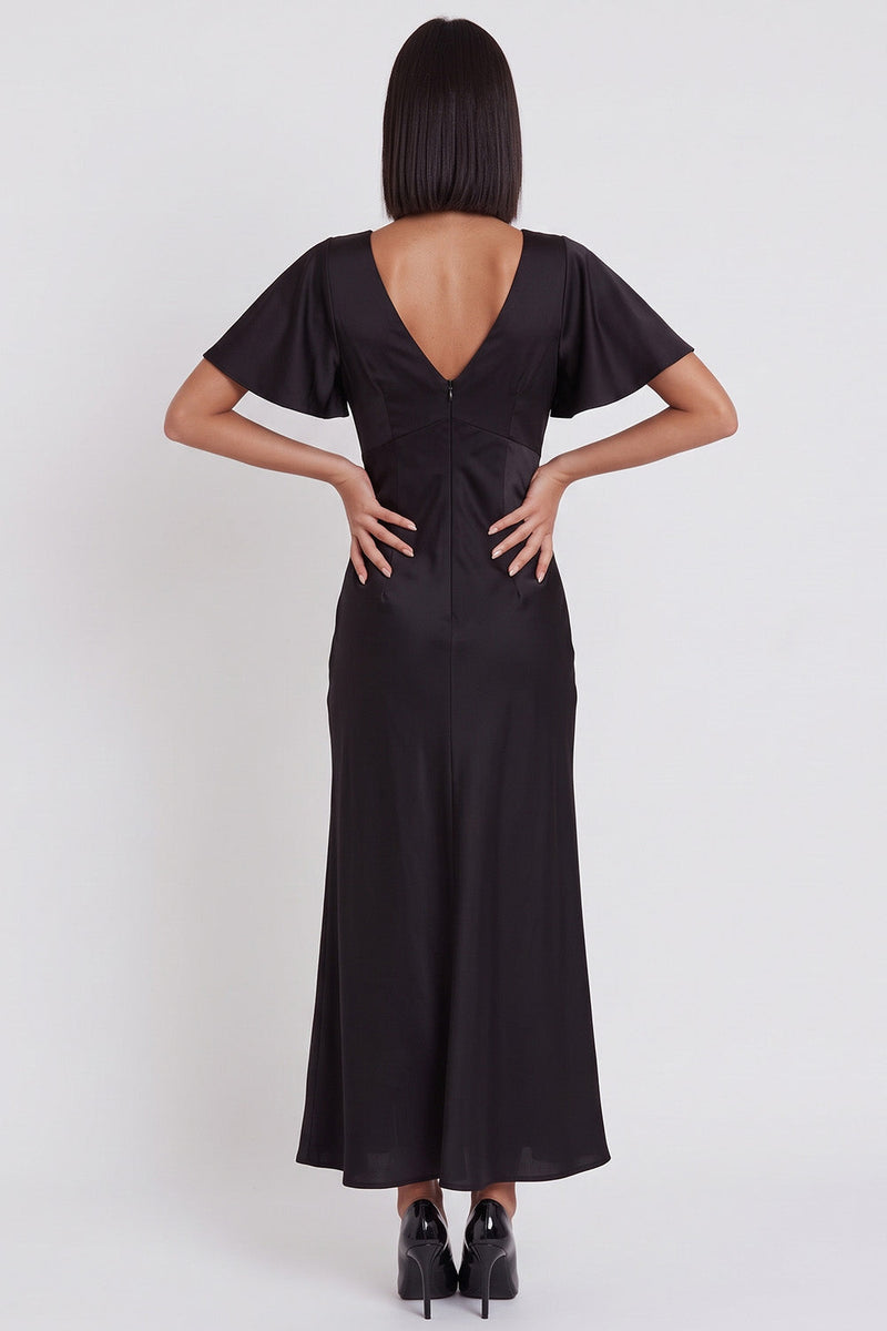 Load image into Gallery viewer, Simple Black Satin V-Neck Flutter Sleeves Long Wedding Guest Dress