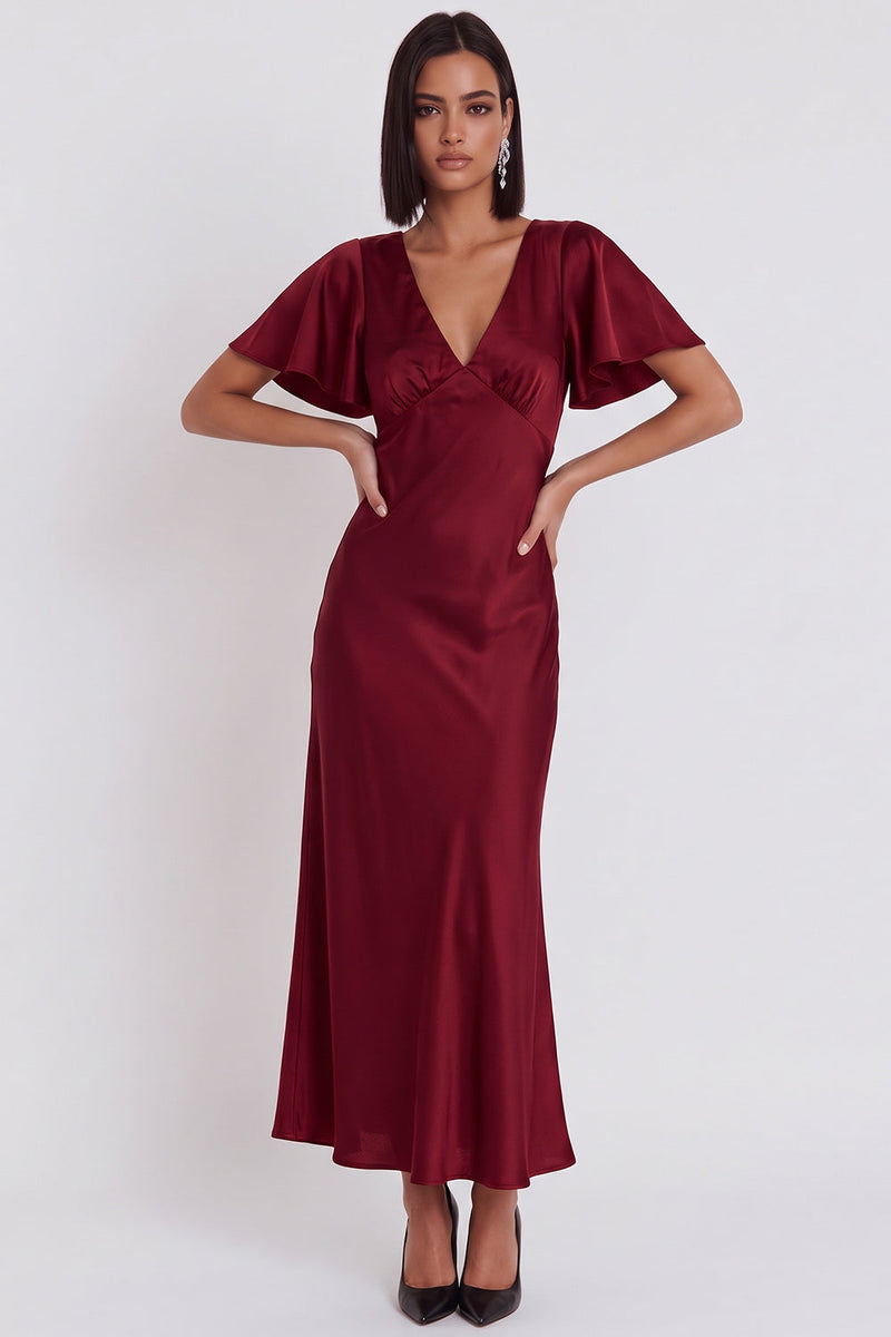 Load image into Gallery viewer, Simple Black Satin V-Neck Flutter Sleeves Long Wedding Guest Dress