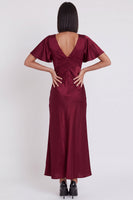 Load image into Gallery viewer, Simple Black Satin V-Neck Flutter Sleeves Long Wedding Guest Dress