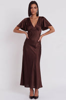 Load image into Gallery viewer, Simple Black Satin V-Neck Flutter Sleeves Long Wedding Guest Dress