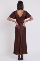 Load image into Gallery viewer, Simple Black Satin V-Neck Flutter Sleeves Long Wedding Guest Dress