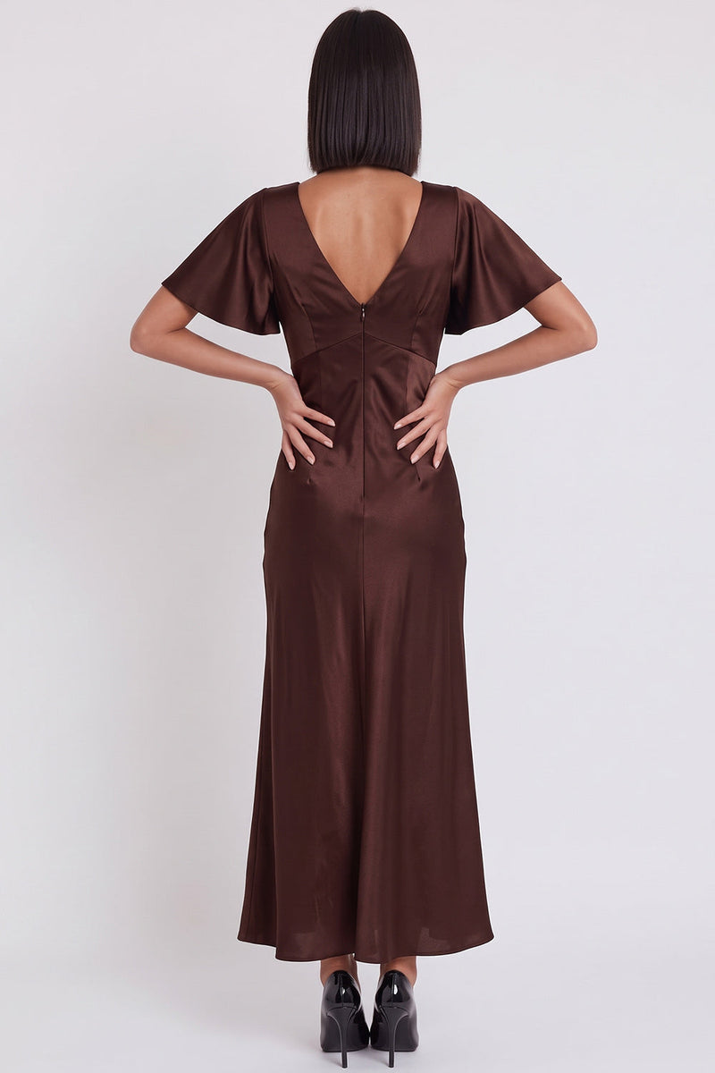 Load image into Gallery viewer, Simple Black Satin V-Neck Flutter Sleeves Long Wedding Guest Dress