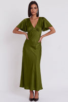 Load image into Gallery viewer, Simple Black Satin V-Neck Flutter Sleeves Long Wedding Guest Dress