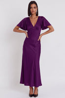 Load image into Gallery viewer, Simple Black Satin V-Neck Flutter Sleeves Long Wedding Guest Dress