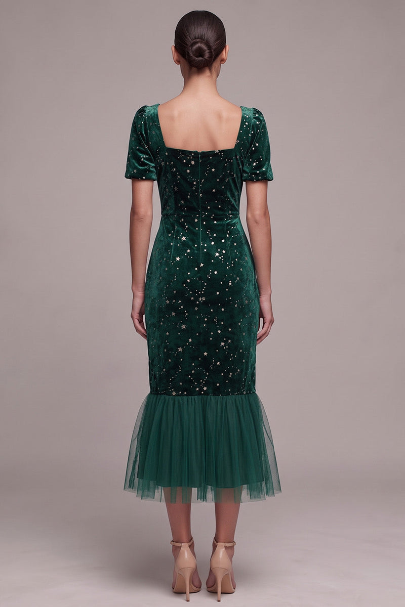 Load image into Gallery viewer, Dark Green Sparkly Mermaid Star Print Velvet Square Neck Long Formal Dress