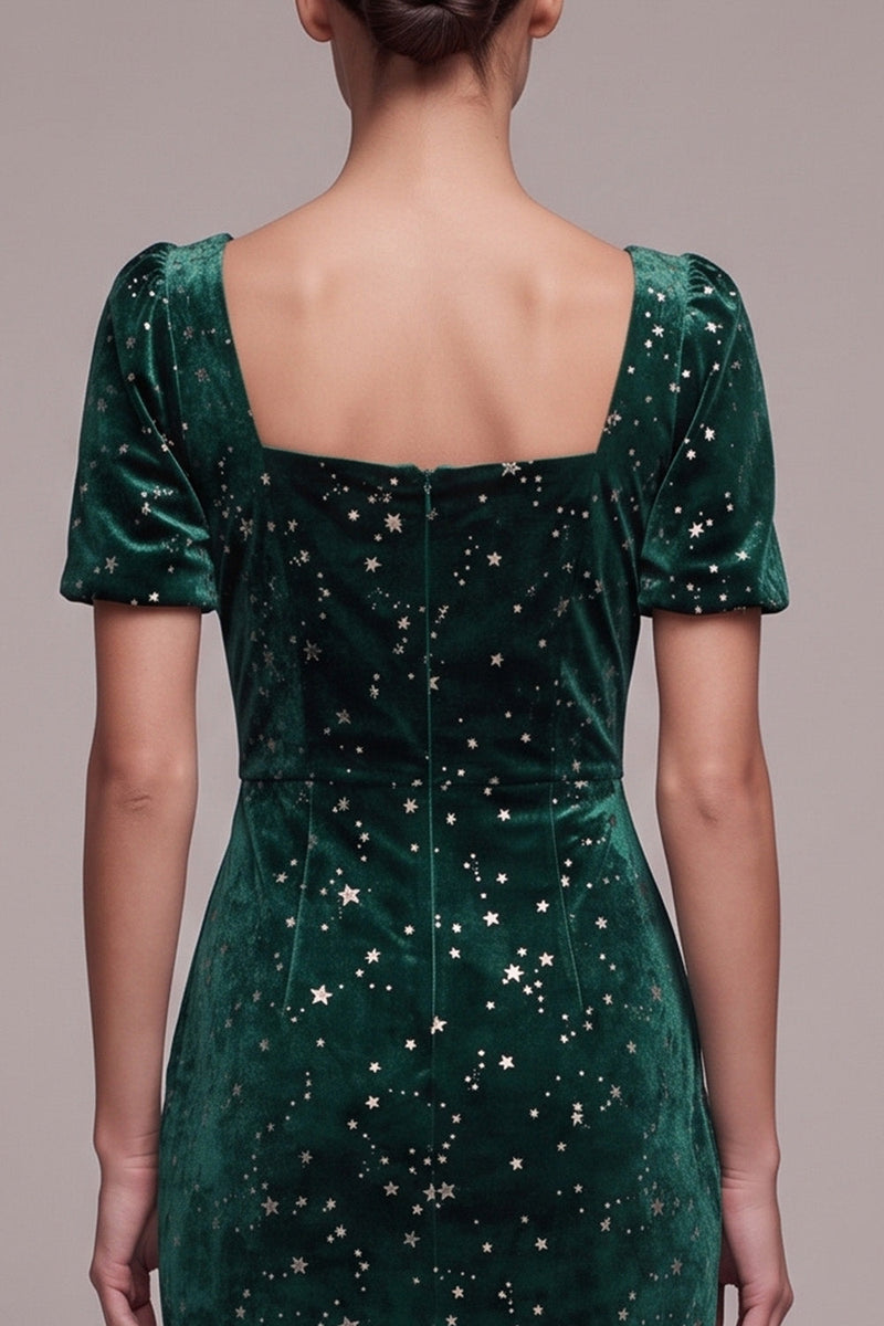 Load image into Gallery viewer, Dark Green Sparkly Mermaid Star Print Velvet Square Neck Long Formal Dress