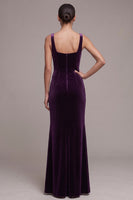 Load image into Gallery viewer, Plum Ruched Mermaid Square Neck Velvet Long Formal Dress with Slit