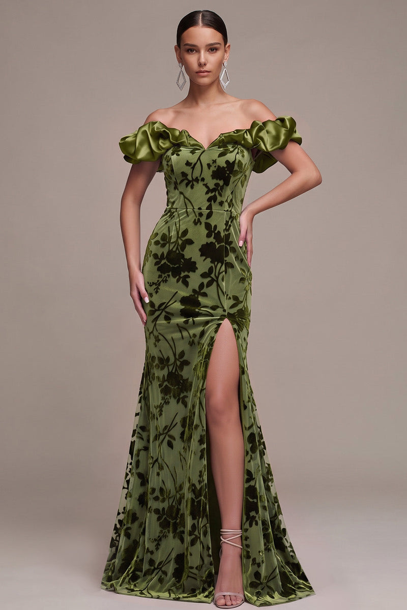 Load image into Gallery viewer, Floral Olive Off the Shoulder Mermaid Velvet Long Formal Dress with Slit