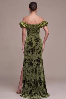 Floral Olive Off the Shoulder Mermaid Velvet Long Formal Dress with Slit