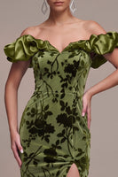Load image into Gallery viewer, Floral Olive Off the Shoulder Mermaid Velvet Long Formal Dress with Slit
