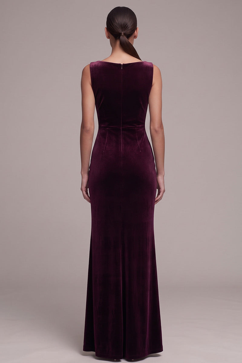 Load image into Gallery viewer, Mermaid Cabernet Bateau Neck Ruched Velvet Long Formal Dress with Slit
