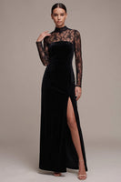 Load image into Gallery viewer, Floral Black Sheath High Neck Velvet Long Sleeves Formal Dress with Slit