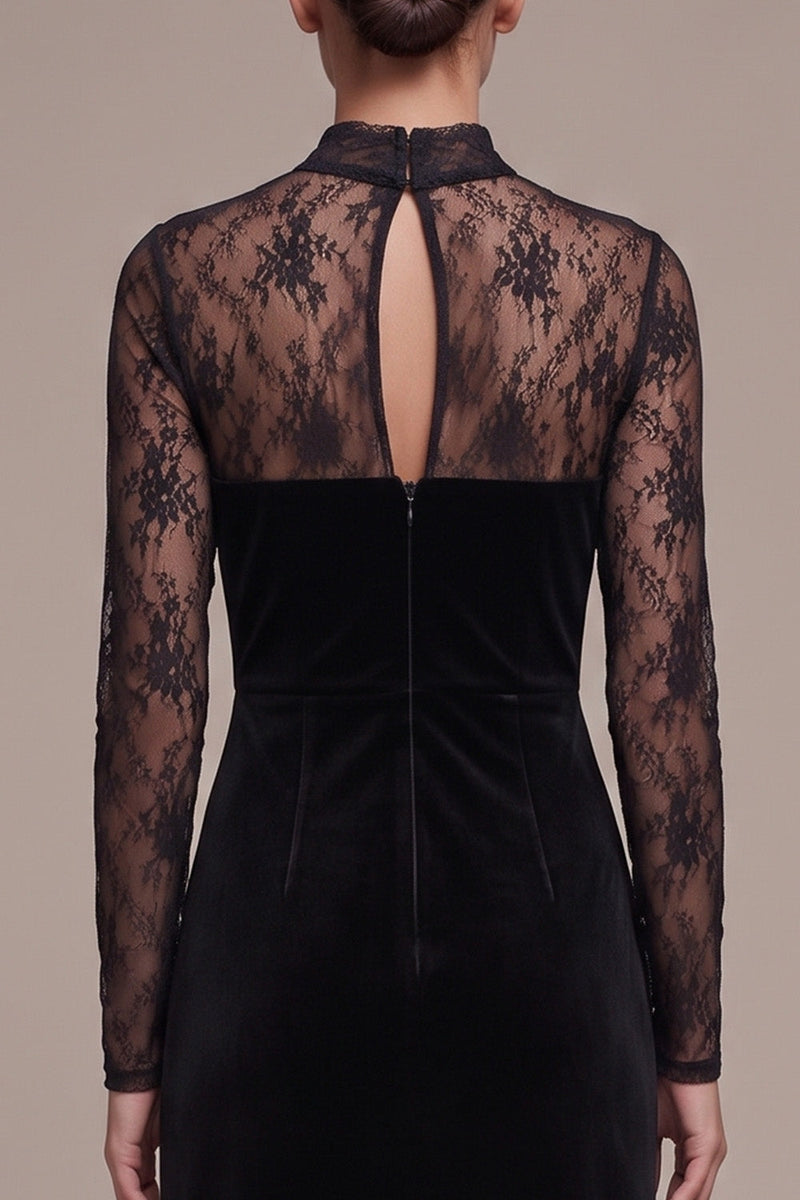 Load image into Gallery viewer, Floral Black Sheath High Neck Velvet Long Sleeves Formal Dress with Slit