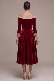 Burgundy Off the Shoulder A-Line Velvet Midi Formal Dress with Buttons
