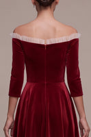 Load image into Gallery viewer, Burgundy Off the Shoulder A-Line Velvet Midi Formal Dress with Buttons