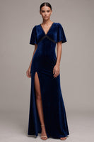 Load image into Gallery viewer, Sheath Navy Velvet V-Neck Long Formal Dress with Slit