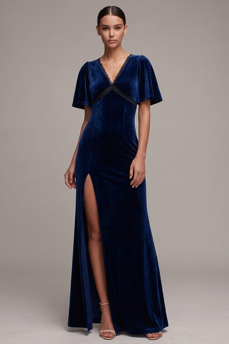 Load image into Gallery viewer, Sheath Navy Velvet V-Neck Long Formal Dress with Slit