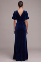 Load image into Gallery viewer, Sheath Navy Velvet V-Neck Long Formal Dress with Slit