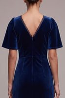 Load image into Gallery viewer, Sheath Navy Velvet V-Neck Long Formal Dress with Slit