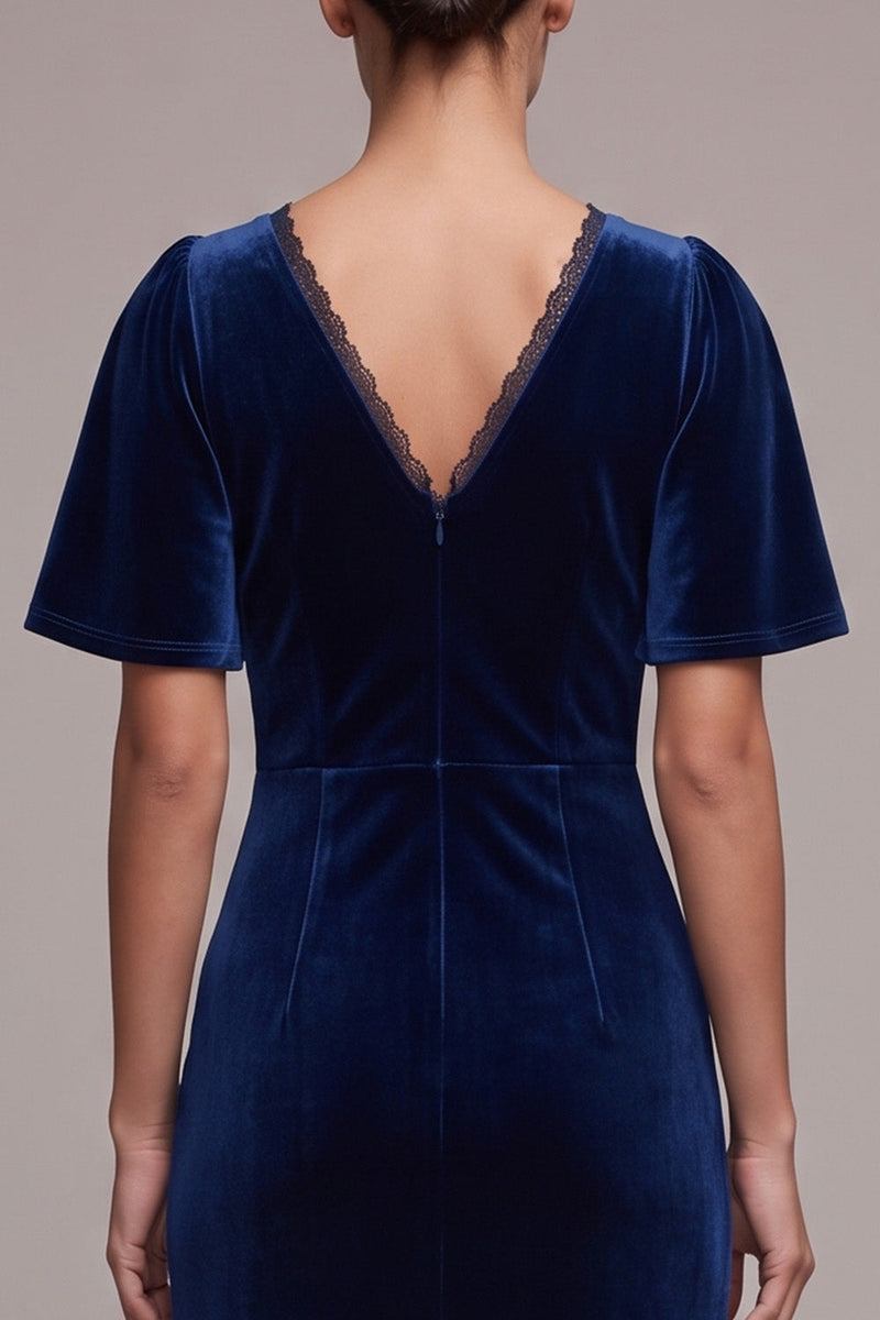 Load image into Gallery viewer, Sheath Navy Velvet V-Neck Long Formal Dress with Slit