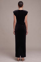Load image into Gallery viewer, Velvet Black Cap Sleeves Sheath Ruched Long Formal Dress with Rhinestone