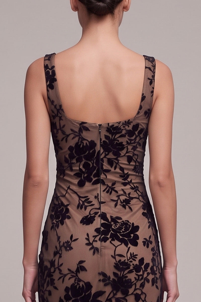 Load image into Gallery viewer, Floral Coffee Mermaid Square Neck Long Formal Dress