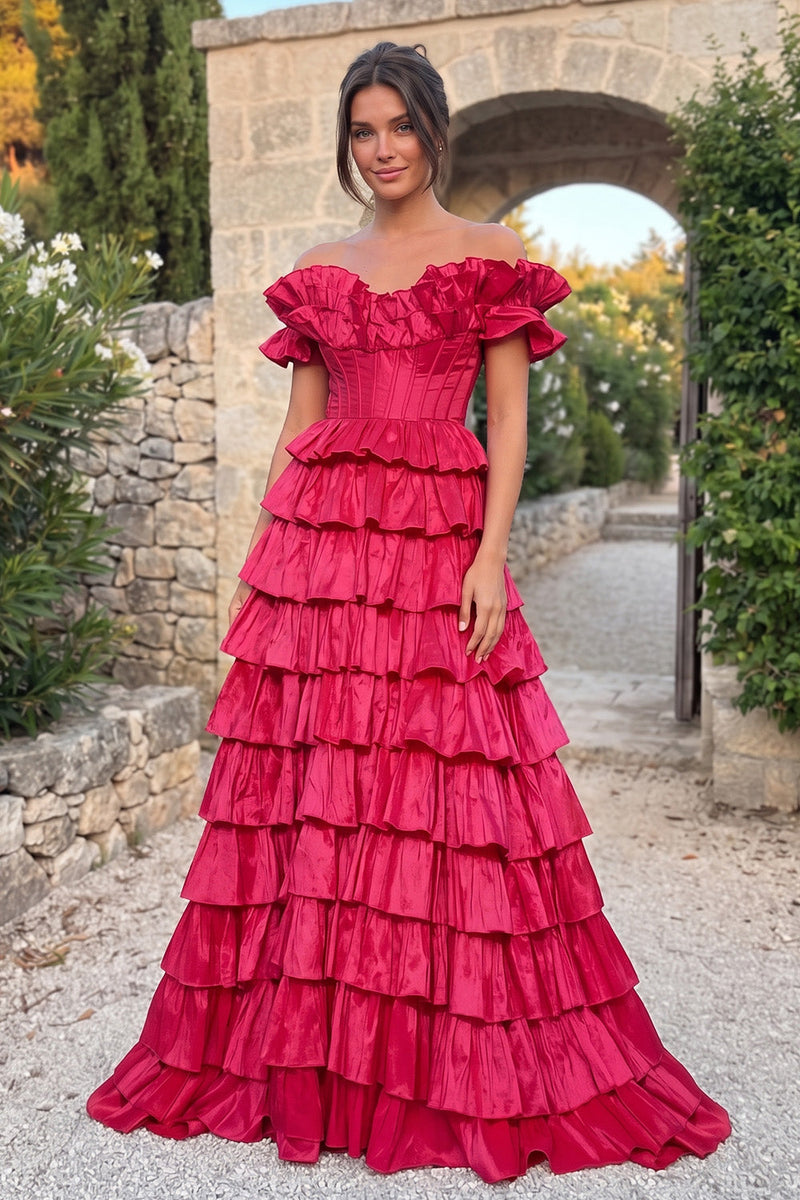 Load image into Gallery viewer, Fuchsia Corset A Line Ruffled Off the Shoulder Tiered Long Prom Dress