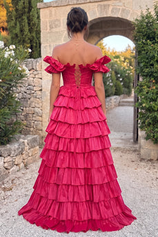 Fuchsia Corset A Line Ruffled Off the Shoulder Tiered Long Prom Dress