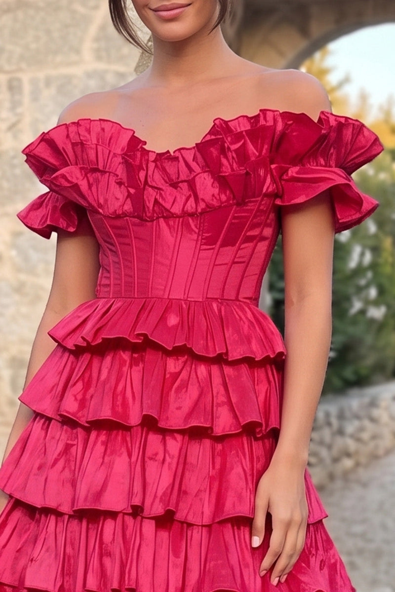 Load image into Gallery viewer, Fuchsia Corset A Line Ruffled Off the Shoulder Tiered Long Prom Dress
