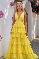 Load image into Gallery viewer, Yellow V-Neck A Line Cut Out Ruffled Long Prom Dress