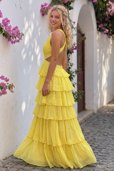Yellow V-Neck A Line Cut Out Ruffled Long Prom Dress