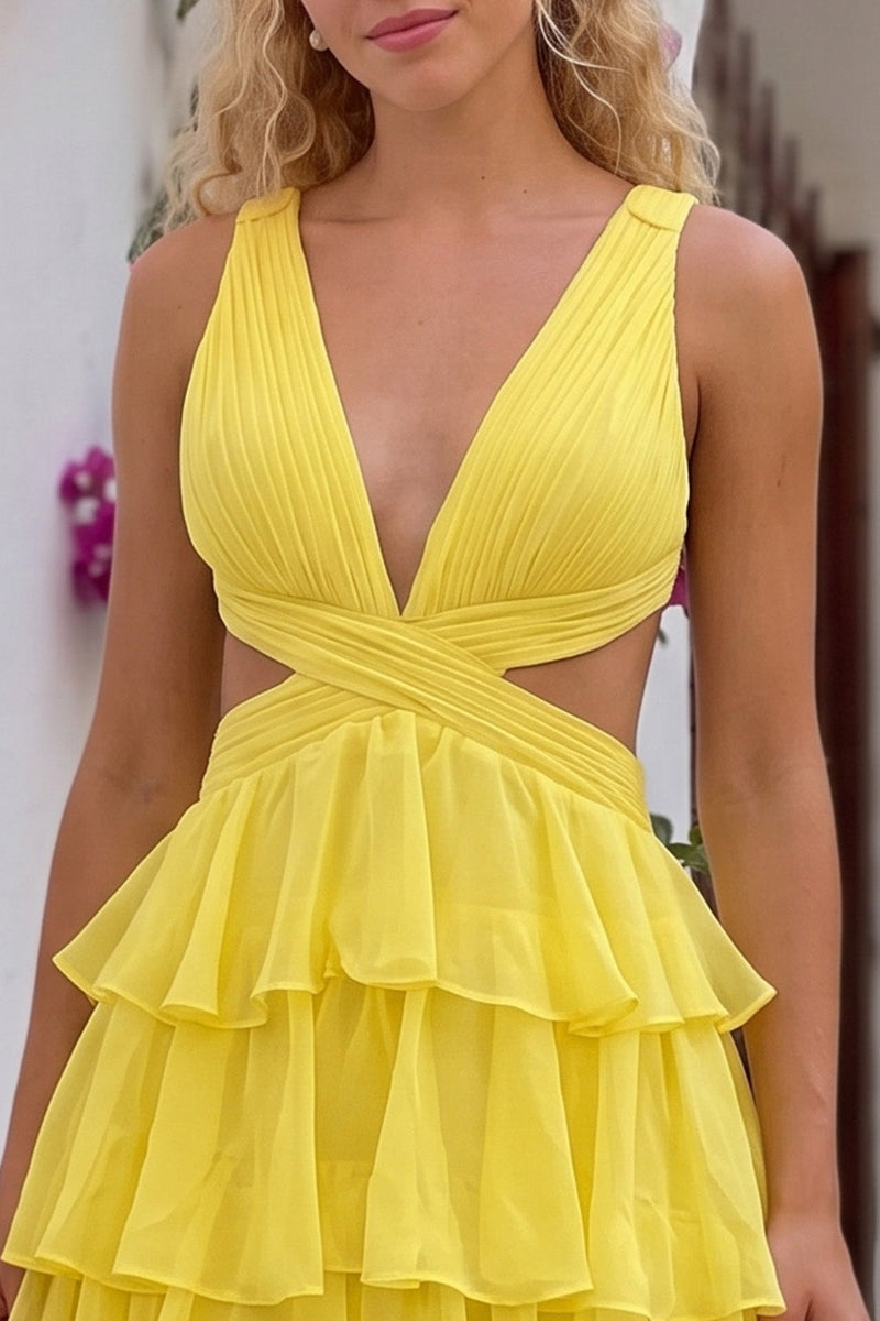 Load image into Gallery viewer, Yellow V-Neck A Line Cut Out Ruffled Long Prom Dress