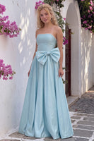 Load image into Gallery viewer, Aqua Strapless A-Line Satin Long Prom Dress with Bow