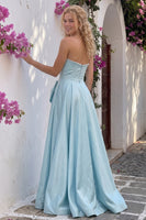 Load image into Gallery viewer, Aqua Strapless A-Line Satin Long Prom Dress with Bow