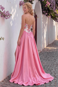 Pink A-Line Sweetheart Sparkly Sequins Long Prom Dress with Slit